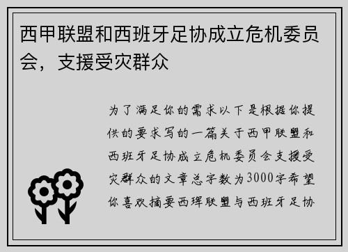 西甲联盟和西班牙足协成立危机委员会，支援受灾群众
